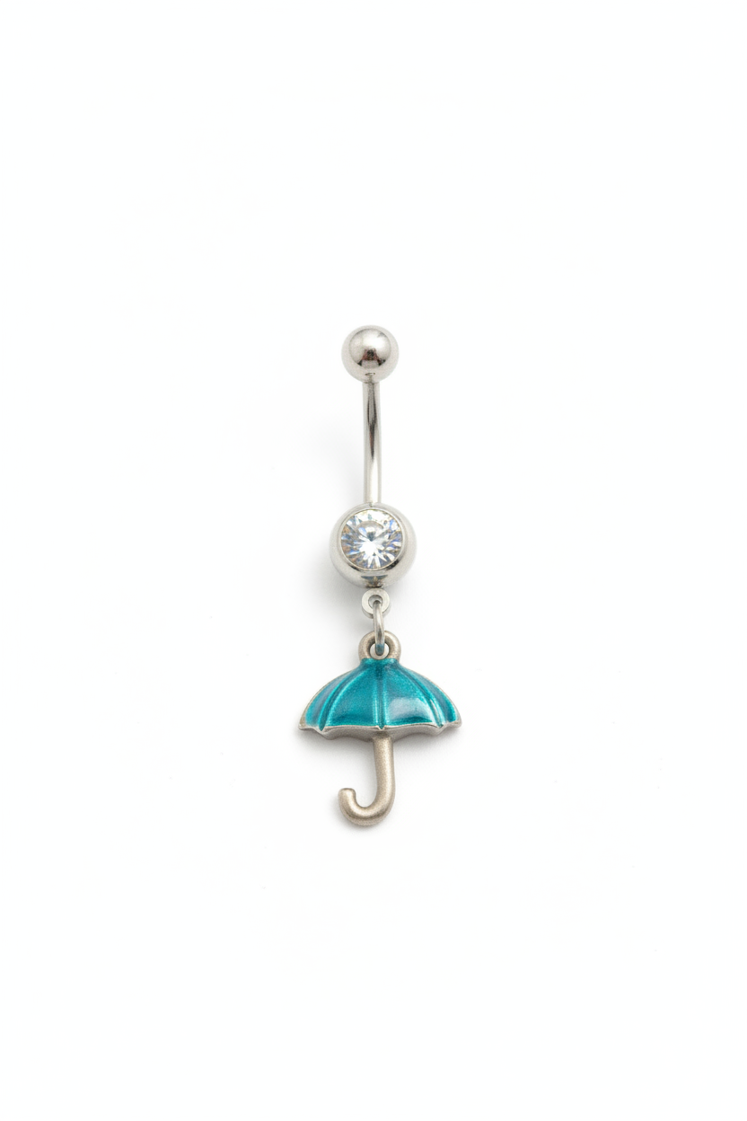 Clear Crystal Aqua Umbrella Belly Button Ring in 316l stainless steel close up detail.