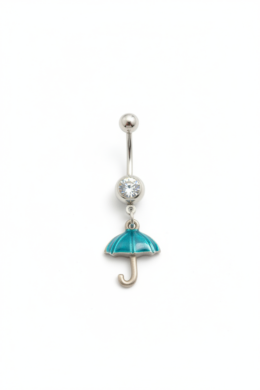 Clear Crystal Aqua Umbrella Belly Button Ring in 316l stainless steel close up detail.