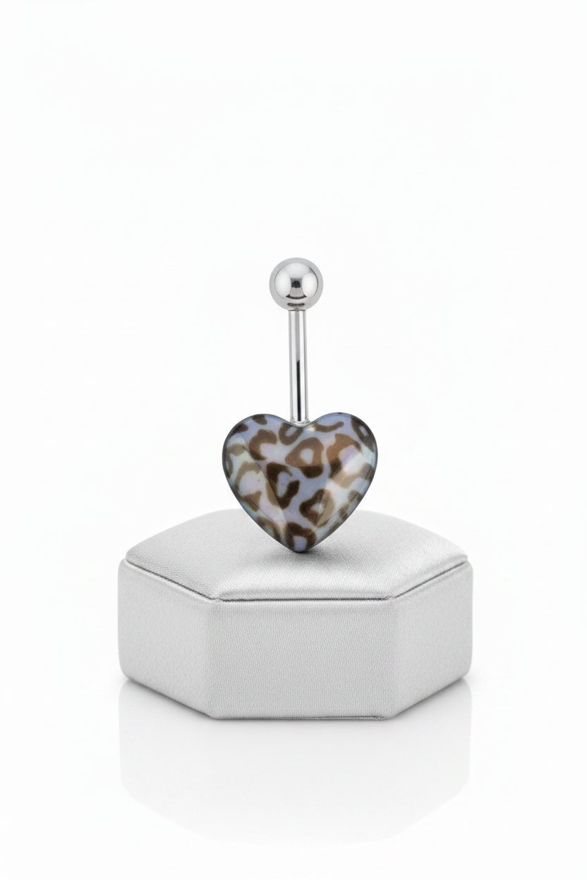 Blue Leopard Print Heart Acrylic Belly Button Ring in 316l stainless steel on a silver silk jewelry display upright position.