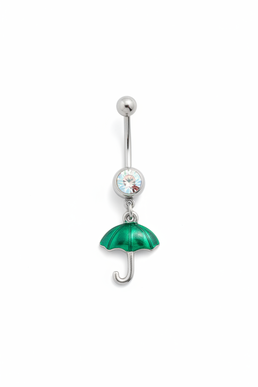 Clear Crystal Green Umbrella Belly Button Ring in 316l stainless steel close up detail.