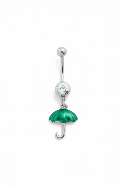 Clear Crystal Green Umbrella Belly Button Ring in 316l stainless steel close up detail.
