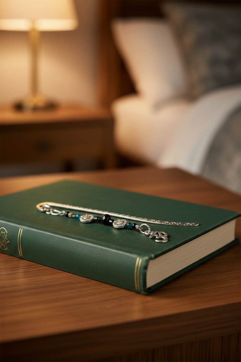 AUM Symbol Handmade Beaded Pewter Bookmark - One of a Kind laying on a book on a bedside table showing glass beadwork.