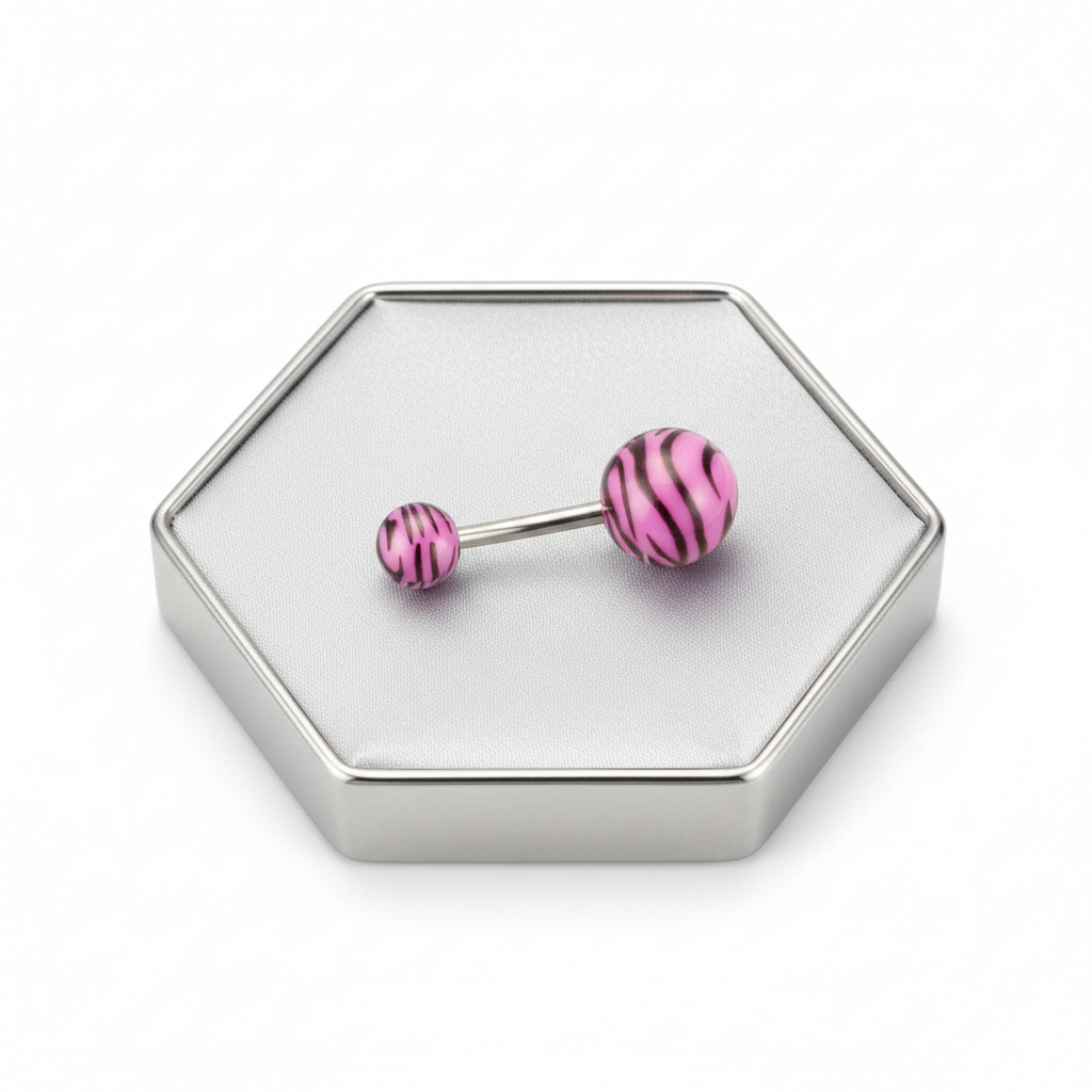 Purple Tiger Striped Acrylic Belly Button Ring in 316l stainless steel on a silver jewelry display horizontal position.