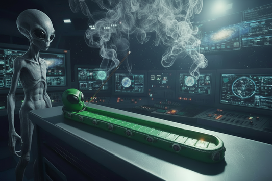 Peaceful Alien Visitor Resin Incense Holder in a NASA setting with an alien visitor, incense burning and smoke rising.