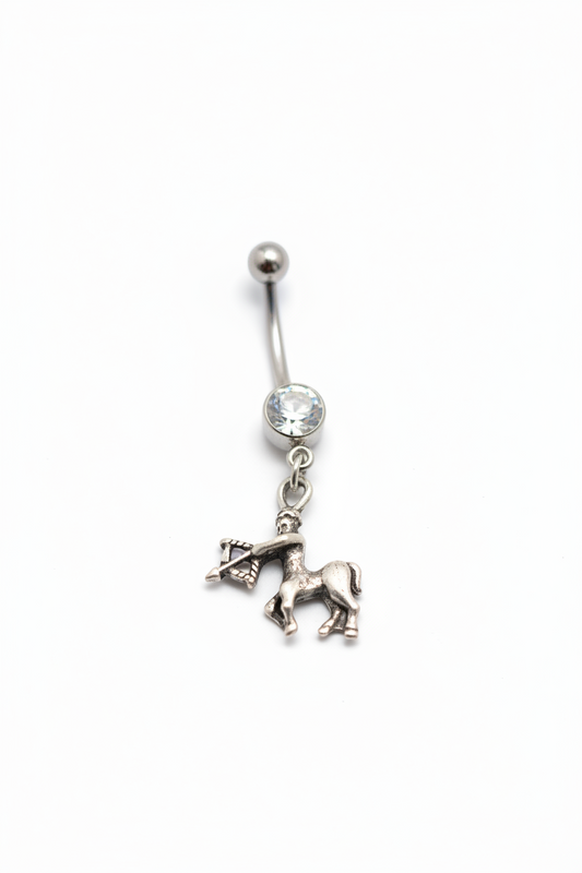 Clear Crystal Sagittarius Belly Button Ring in 316l stainless steel close up detail.