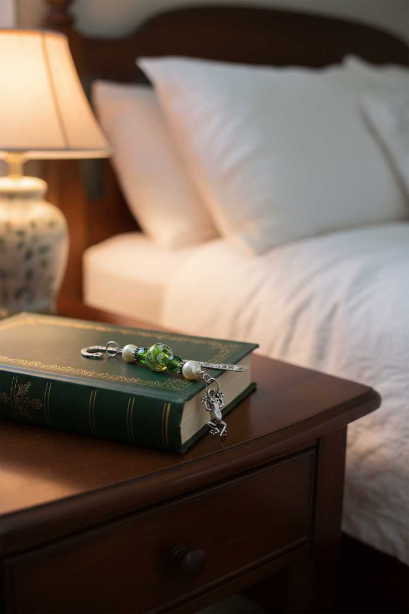 Pond Frog Handmade Beaded Silver Plated Bookmark - One of a Kind laying on a book on a bedside table showing glass beadwork.