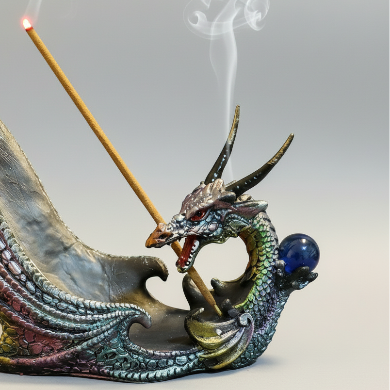 Rainbow Dragon Incense Holder - Resin on a white background with incense burning and smoke rising in close up detail.