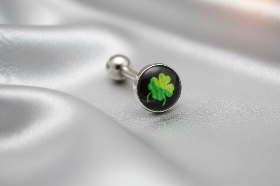 Lucky Clover tongue barbell in 316l stainless steel close up detail