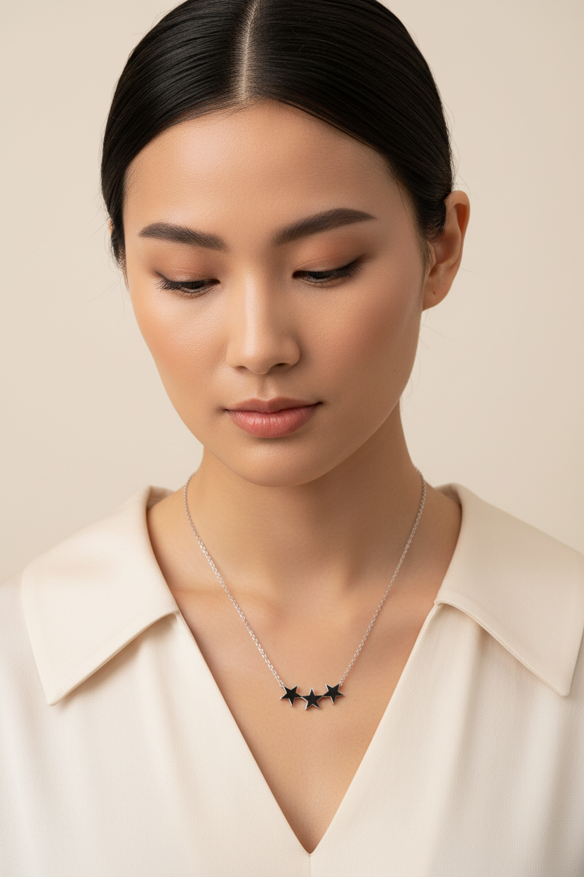 3 Stars Steel Chain Necklace in 316l stainless steel on a female model.