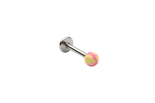 Pink & Yellow Acrylic Labret Lip Ring in 316l stainless steel close up detail.