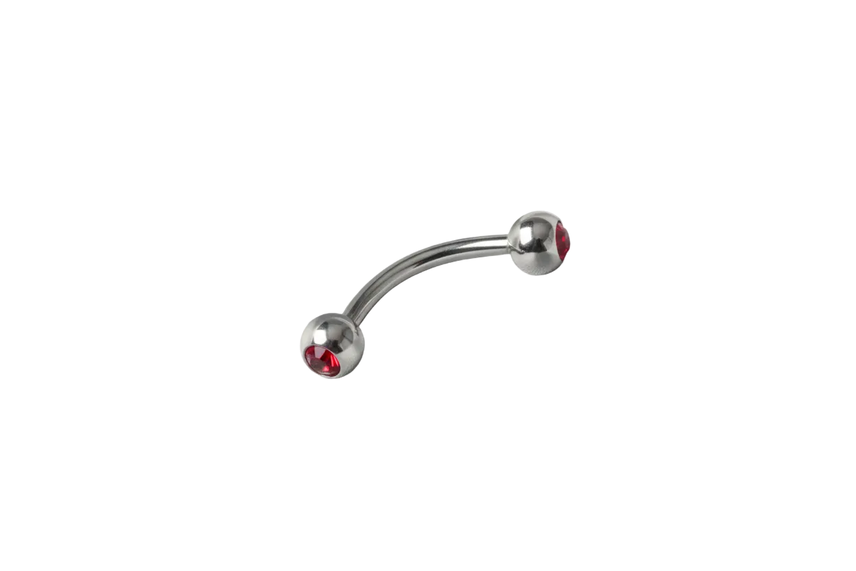 Red Crystal Eyebrow Ring in 316l stainless steel close up detail.