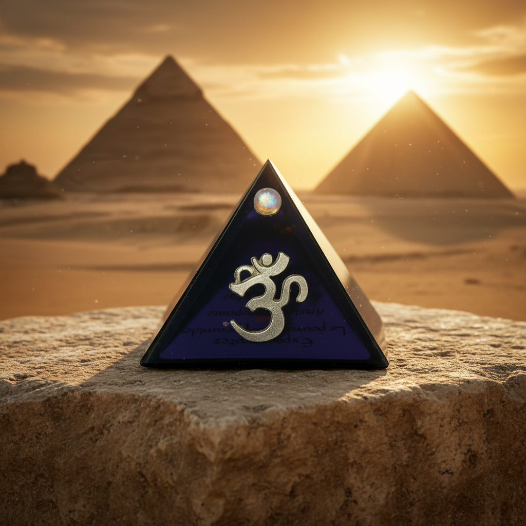 Purple Ohm Symbol Mini Glass Pyramid Keepsake Box on a stone surface with Giza Plateau in the Background.
