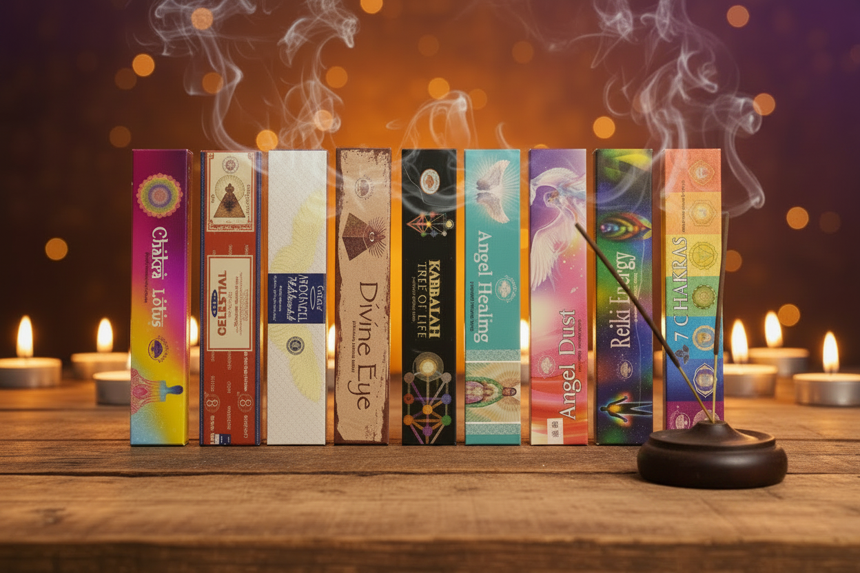 Angelic Essence Incense Variety Gift Package burning in a mystic setting with smoke rising.
