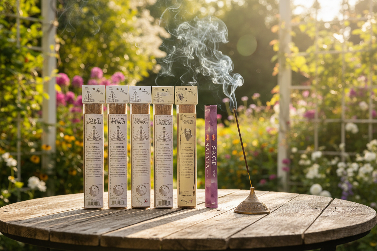 Spiritual Harmony Incense Variety Gift Package on a wooden table in a rose garden gazebo with incense burning and smoke rising.