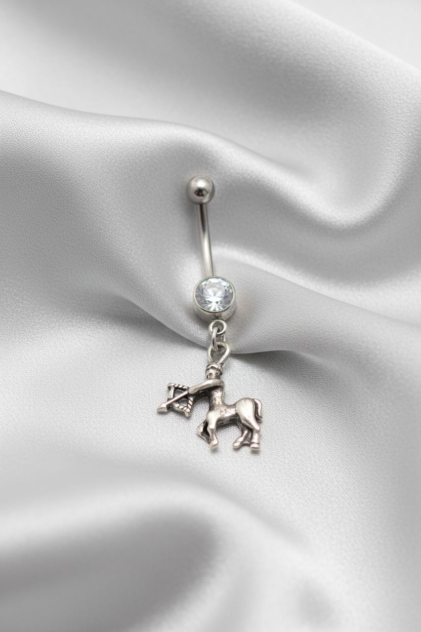 Clear Crystal Sagittarius Belly Button Ring in 316l stainless steel.