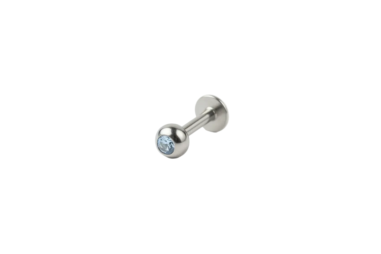 Sky Blue Crystal Labret Lip Ring in 316l stainless steel angled view.