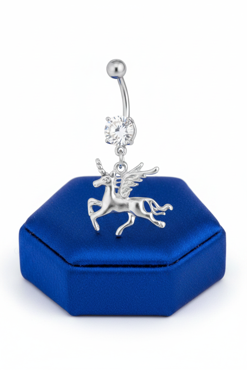 Clear Crystal Pegasus Unicorn Belly Button Ring in 316l stainless steel on a blue silk jewelry display upright angle.