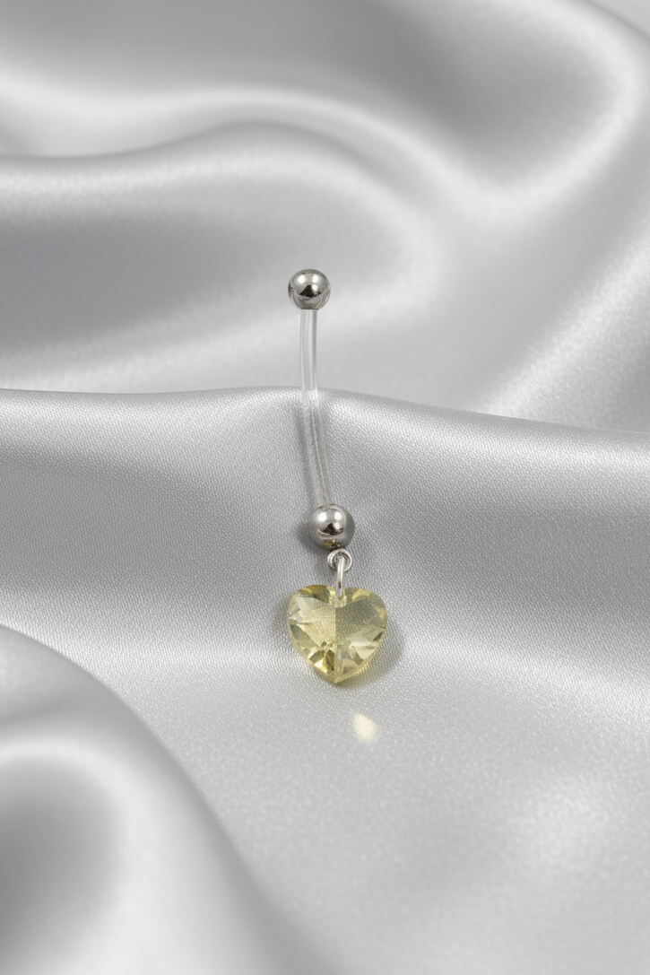 Green Crystal Heart Acrylic Pregnancy Belly Button Ring in 316l stainless steel.