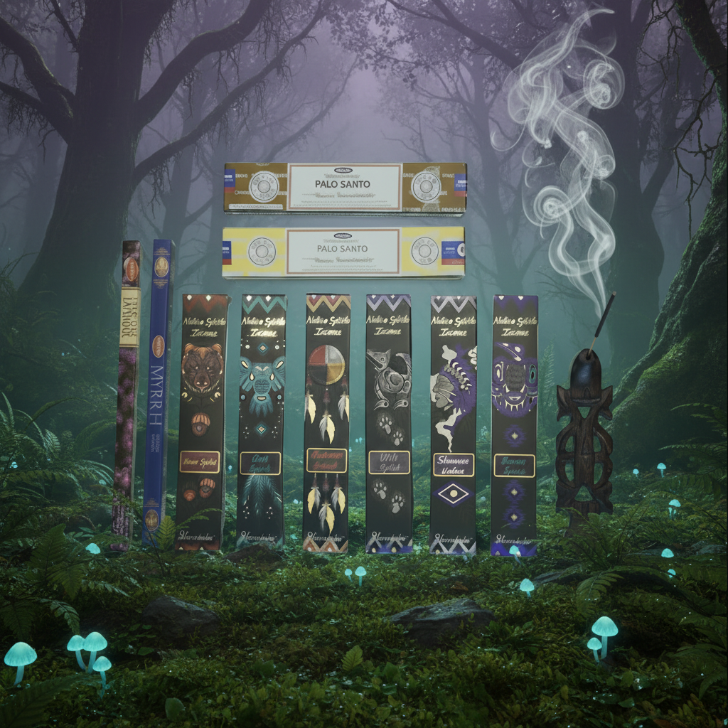 Great Spirit Incense Variety Gift Packages burning in a mystic forest setting with smoke rising.