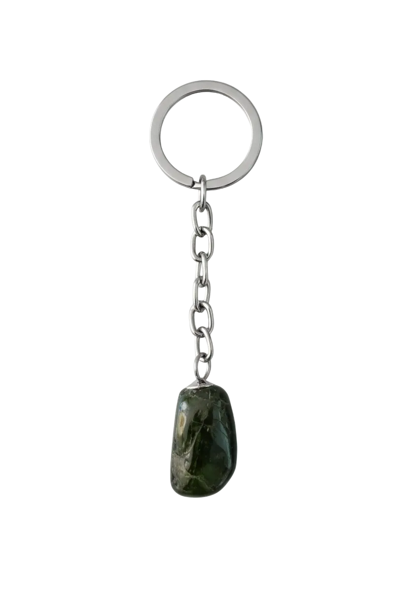 Black Agate Natural Earth Stone Handmade Steel Plated Keychain on a white background.