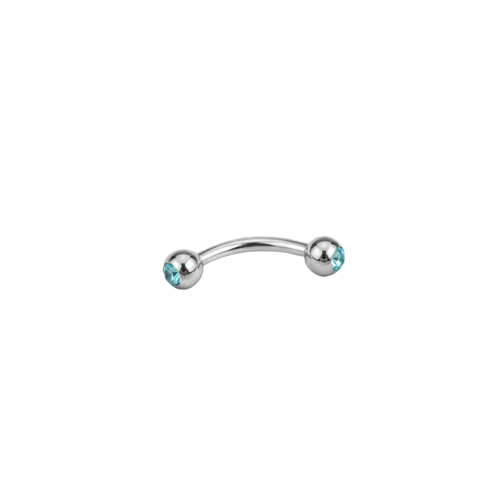 Aqua Crystal Eyebrow Ring in 316l stainless steel close up detail.