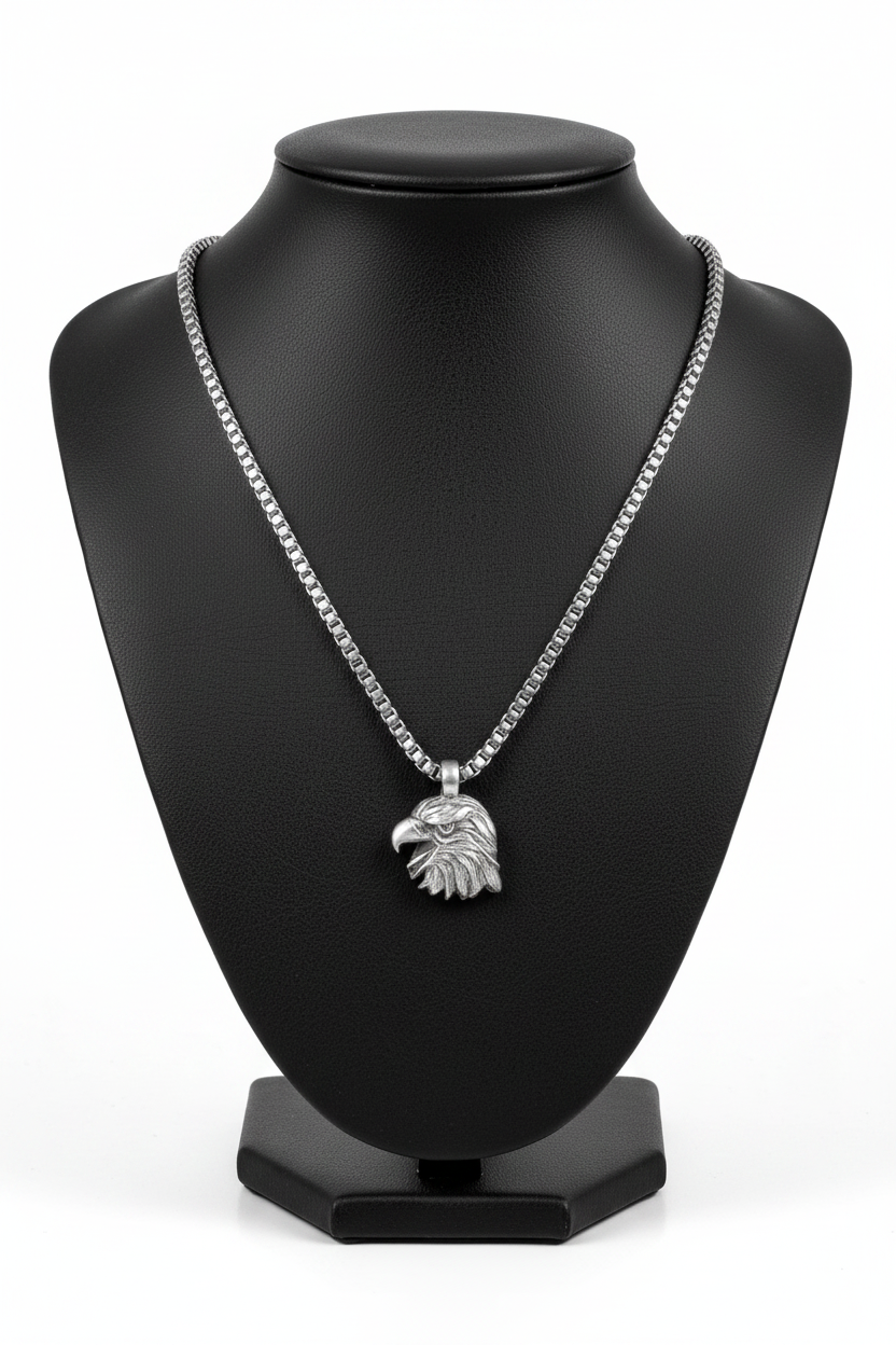 Pewter Eagle Steel Chain Necklace in 316l stainless steel on a black bust with a white background.