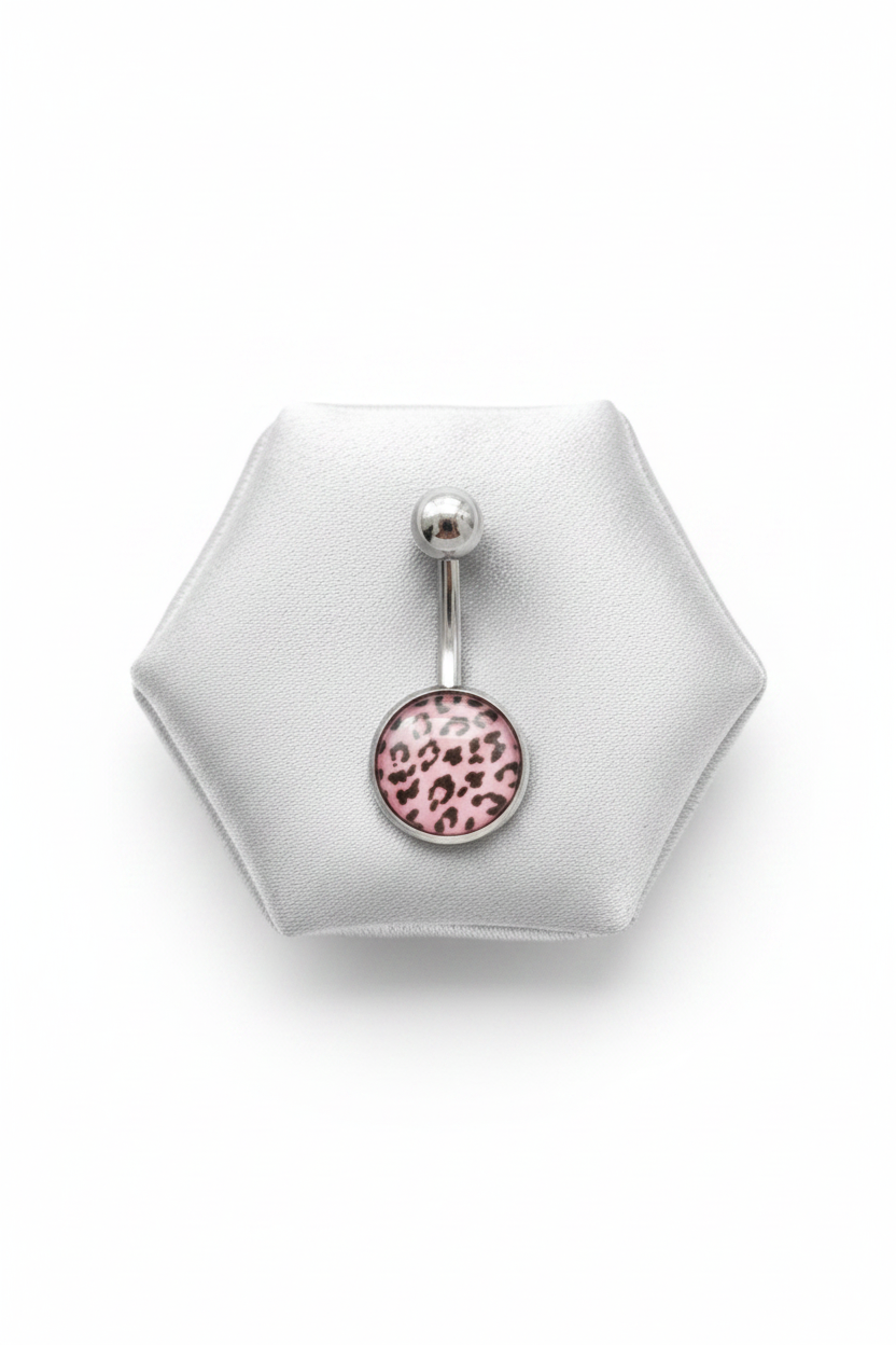 Purple Leopard Print Belly Button Ring in 316l stainless steel on a silver jewelry display.