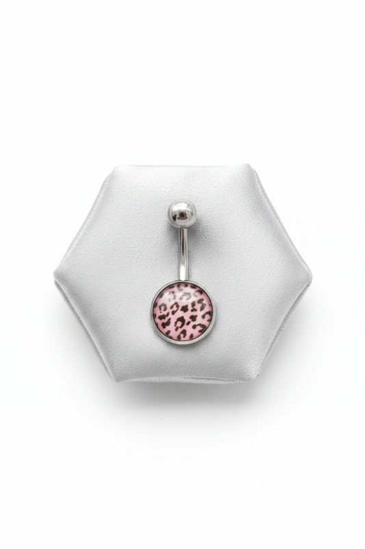 Purple Leopard Print Belly Button Ring in 316l stainless steel on a silver jewelry display.