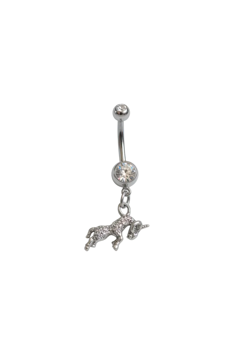 Clear Crystal Aries Belly Button Ring in 316l stainless steel close up detail.