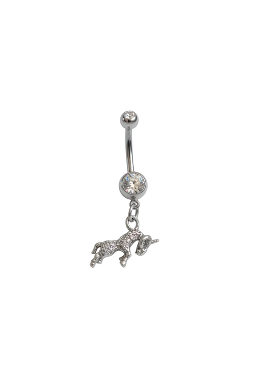 Clear Crystal Aries Belly Button Ring in 316l stainless steel close up detail.