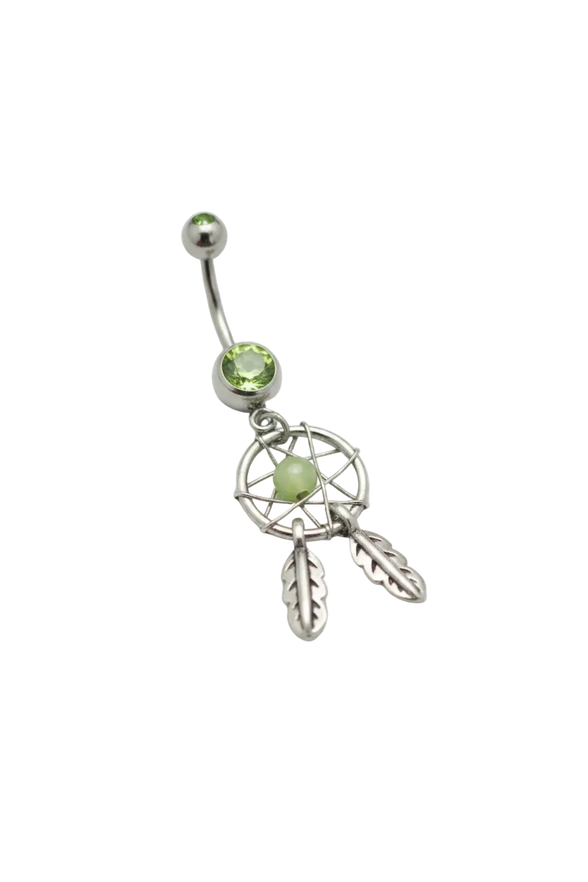Green Crystal Mystical Dream Catcher Belly Button Ring in 316l stainless steel close up detail.