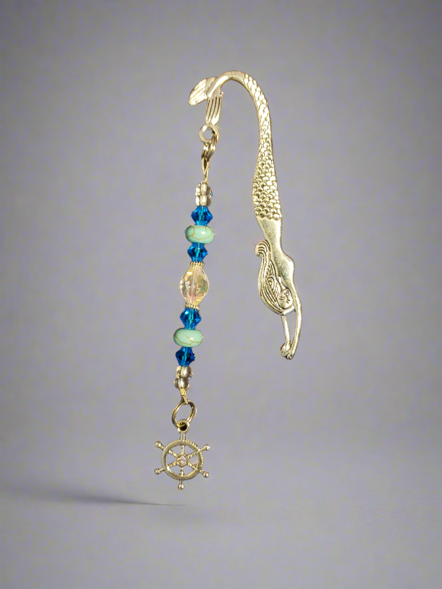 Handmade Aqua Mermaid Bookmark with Ship Wheel