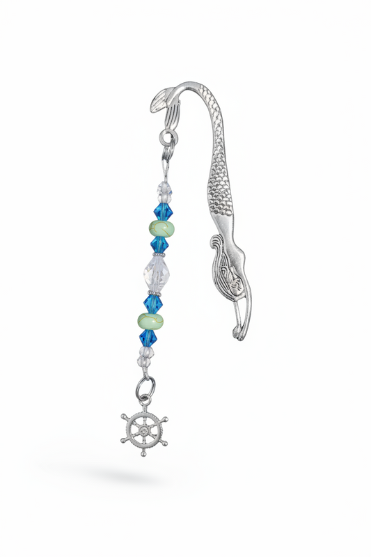 Ship Wheel Handmade Beaded Mermaid Pewter Bookmark - One of a Kind on a white background showing charm detail.