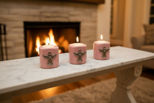 Pink Angel Ceramic Mini Candle Holder Set of Three on a marble table in front of a burning fireplace with candles lit showing a warm glow.