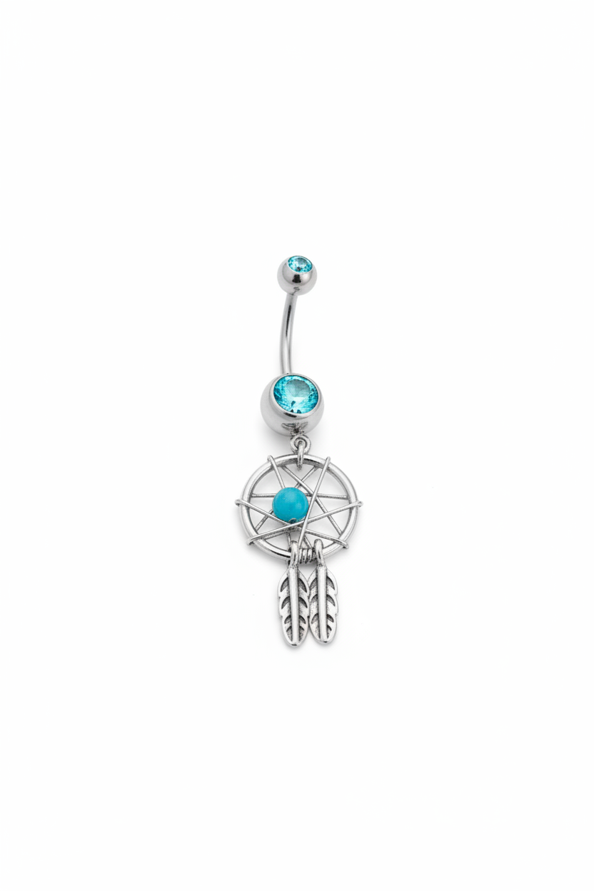 Aqua Crystal Mystical Dream Catcher Belly Button Ring in 316l stainless steel front facing.
