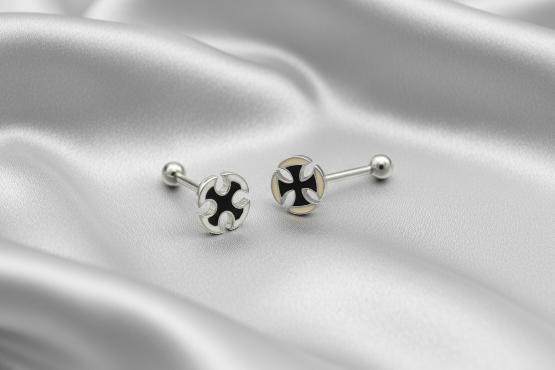 Maltese Cross belly button ring & tongue barbell set in 316L stainless steel