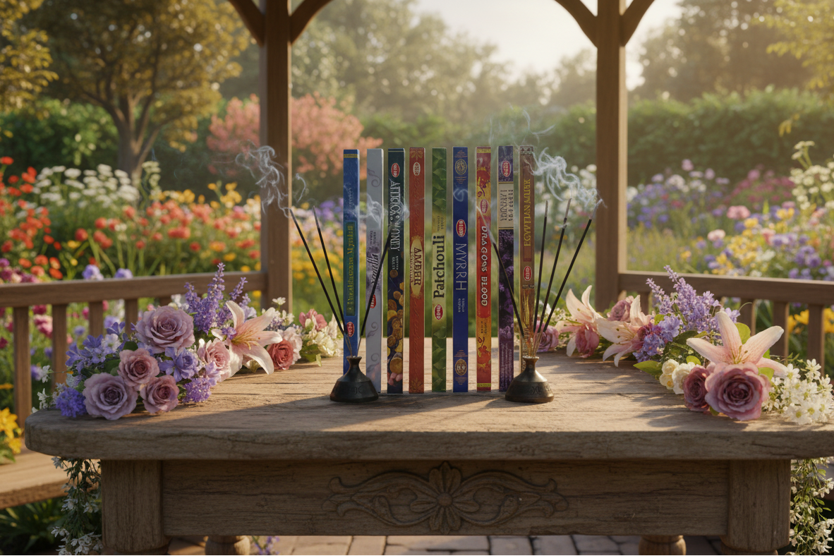 Mystic Money Incense Variety Gift Package on a wooden table in a rose garden gazebo with incense burning and smoke rising.