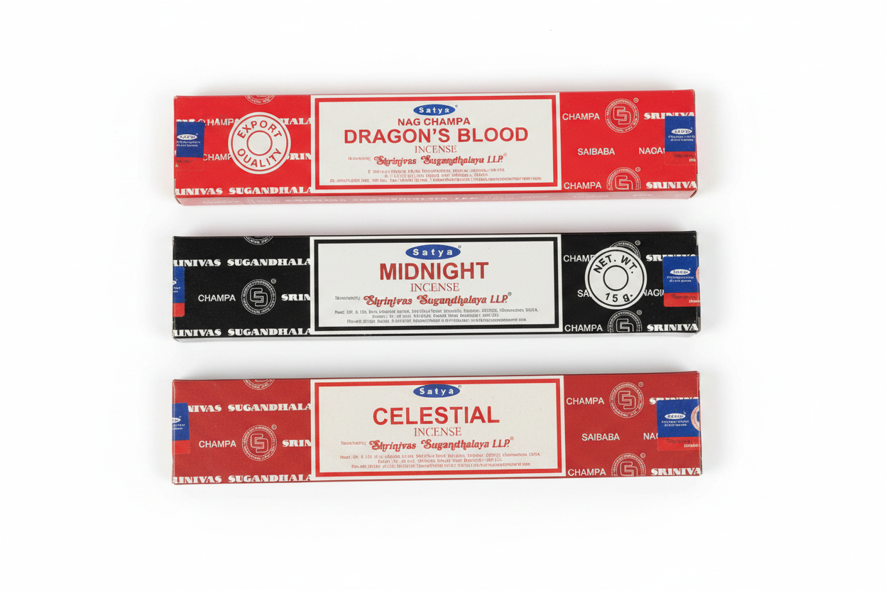 Satya Dragon's Blood, Midnight and Celestial on a white background. Free with purchase of Green Standing Dragon Resin Incense Holder - Free Incense.