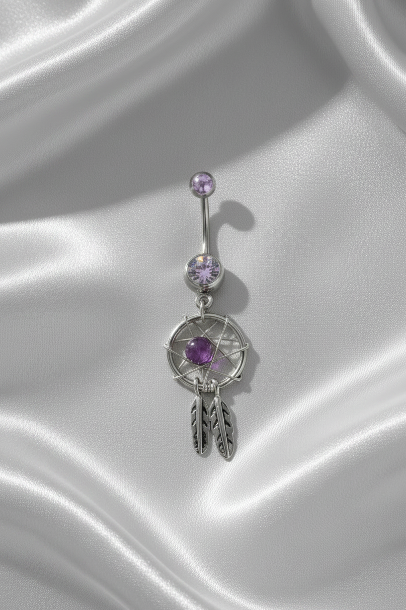 Purple Crystal Mystical Dream Catcher Belly Button Ring in 316l stainless steel.