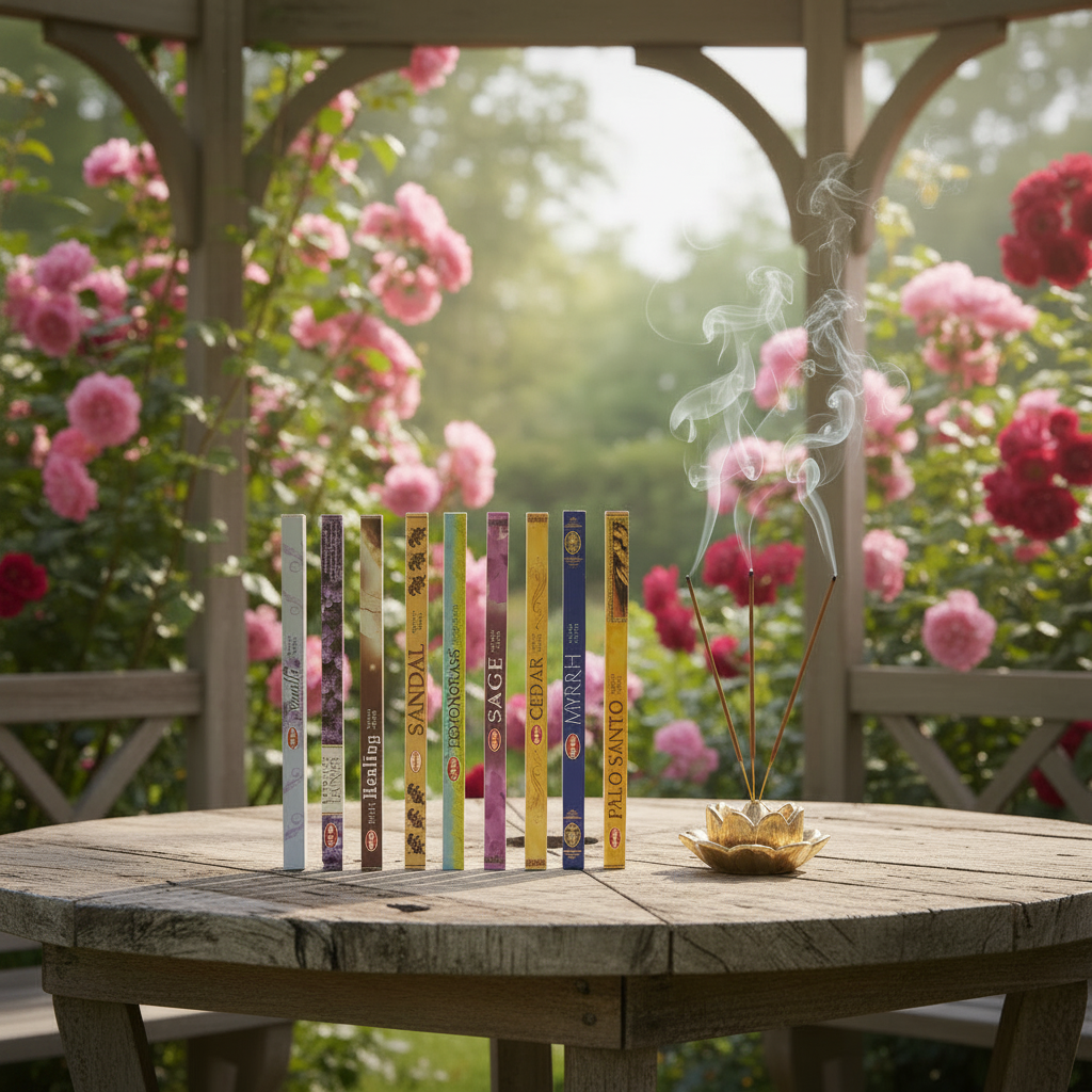 Divine Cleansing Incense Variety Gift Package on a wooden table in a rose garden gazebo with incense burning and smoke rising.