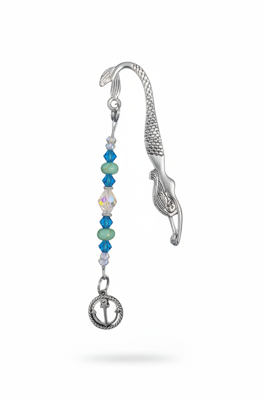 Rope Anchor Handmade Beaded Mermaid Pewter Bookmark - One of a Kind on a white background showing charm detail.