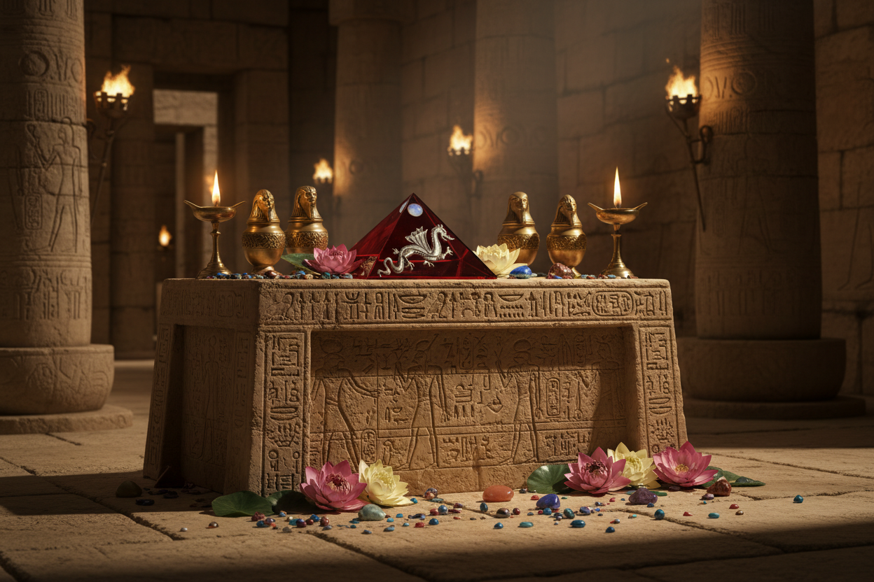 Red Dragon Mini Glass Pyramid Keepsake Box on an Egyptian altar.