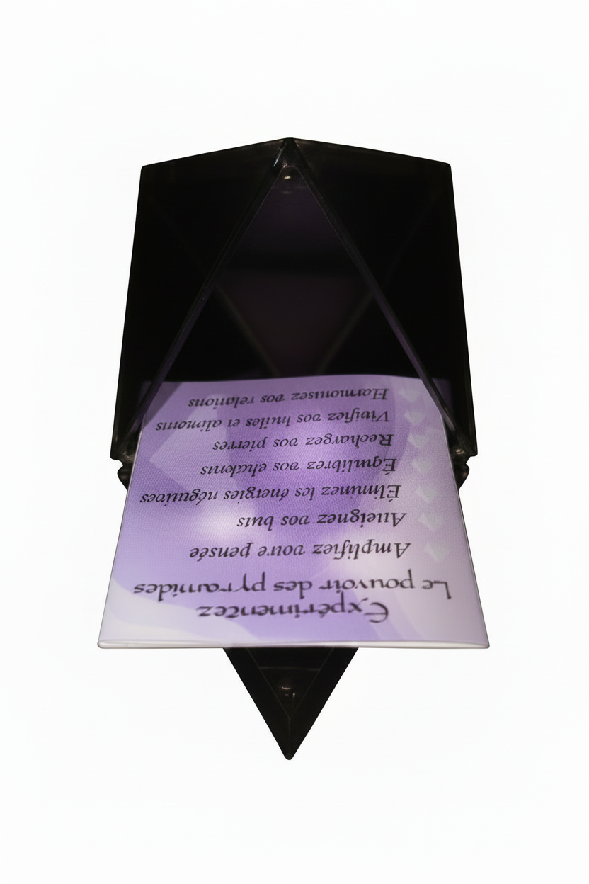 Opaque black mini pyramid keepsake box open on a white background showing mirrored base interior.