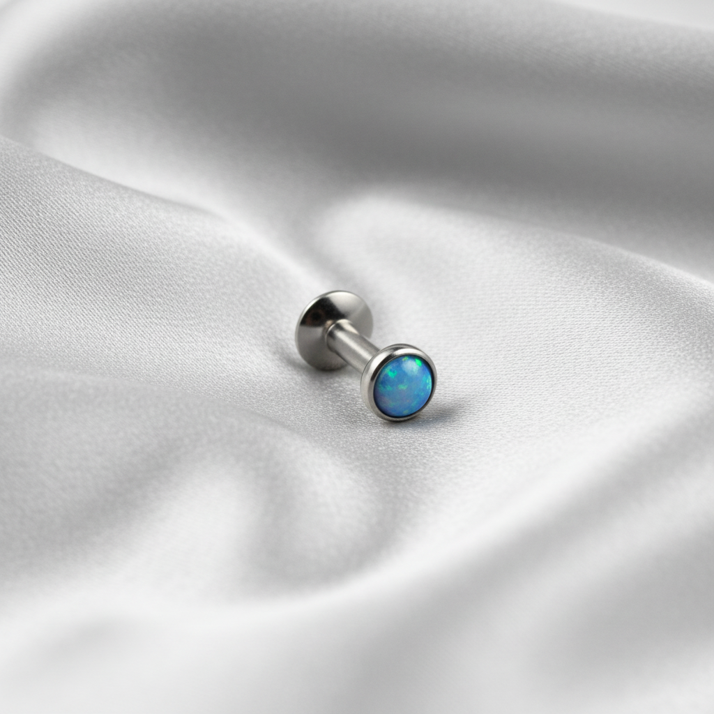 Internally Threaded Aqua Opal Labret Lip Ring in 316l stainless steel 