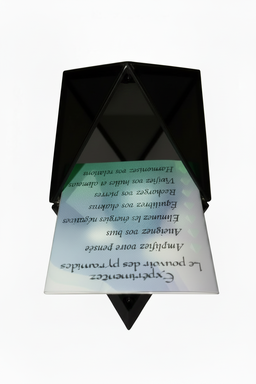 Black mini pyramid keepsake box open on a white background showing mirrored base interior.