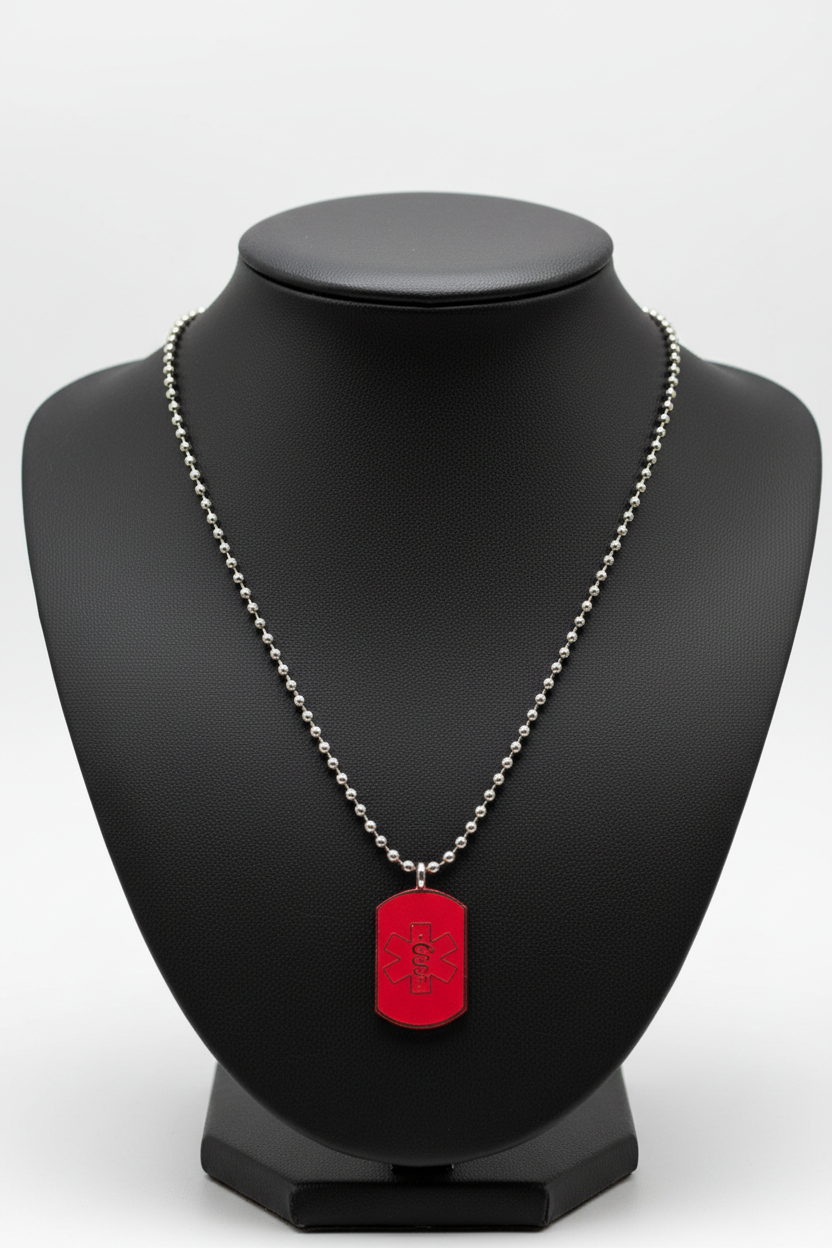 Medic Alert Engravable Pendant Steel Chain Necklace in 316l stainless steel on a black leather bust with a white background.