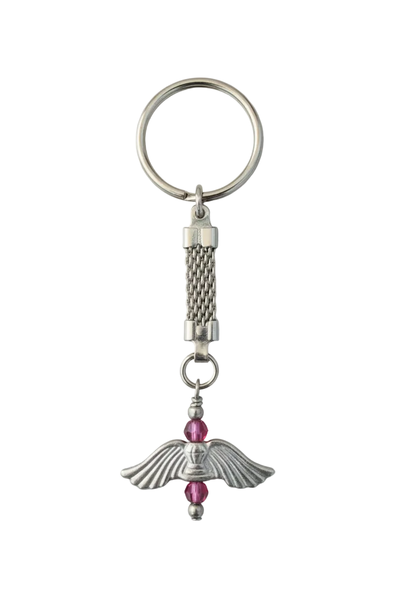 Pink Swarovski Crystal Wings Handmade Silver Plated Charm Keychain on a white background.