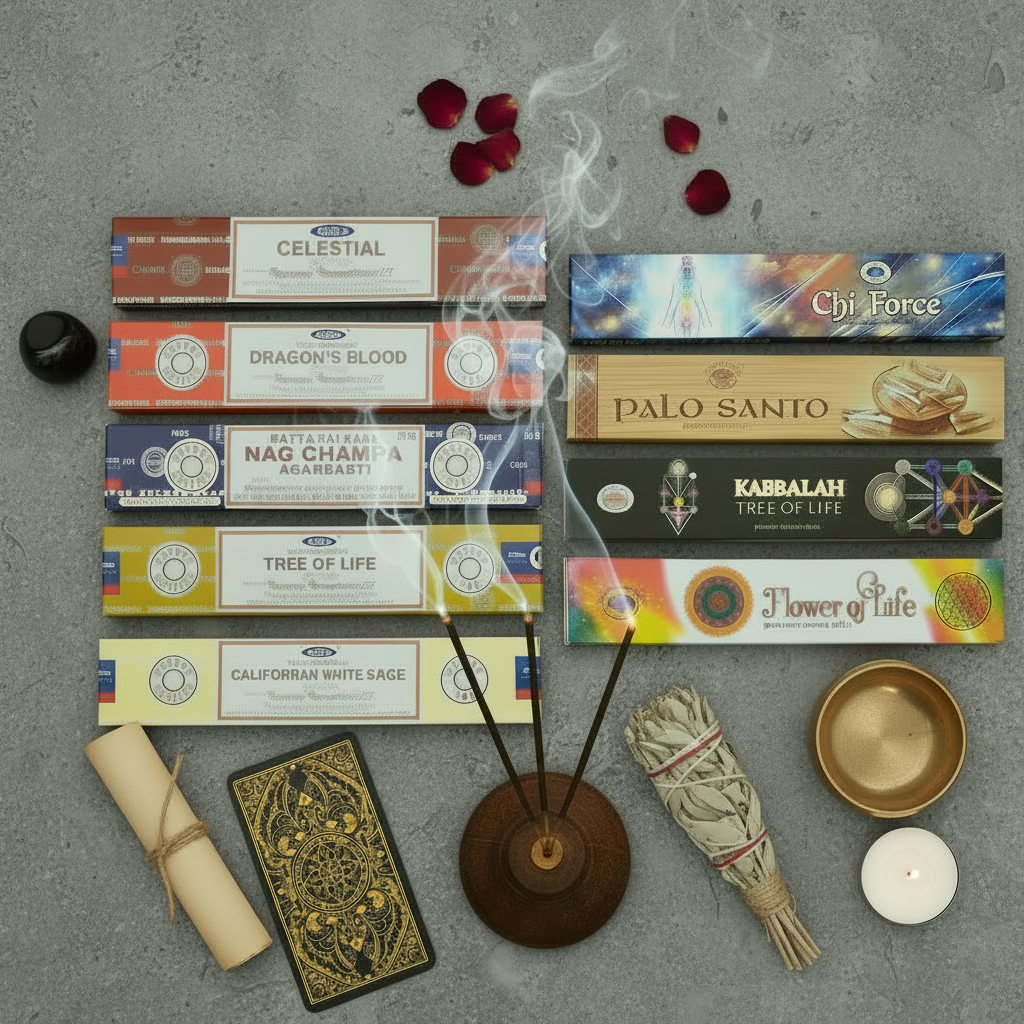 Spiritual Cleansing Incense Variety Gift Package burning in a mystic setting with smoke rising.