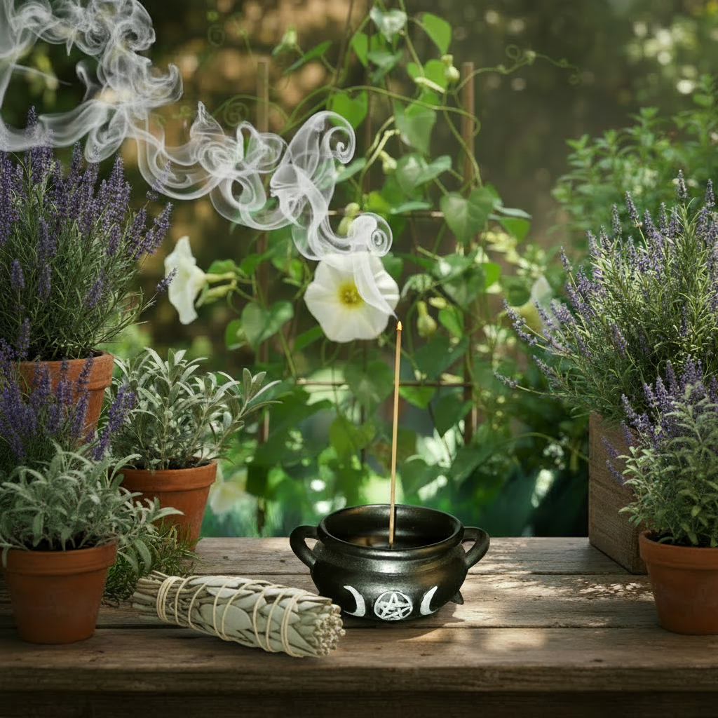 Witch's Black Cauldron Resin Incense Burner on a wooden table in an herb garden with incense burning and smoke rising.