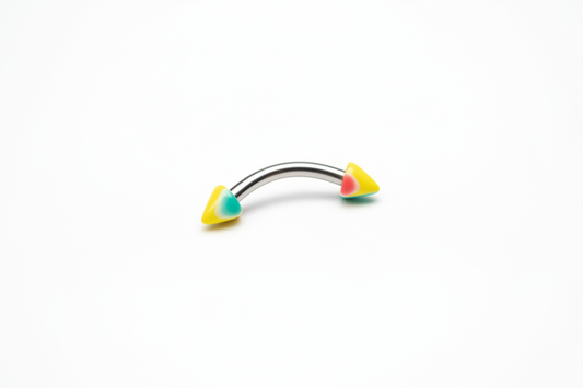 Multicolor Acrylic Spike Eyebrow Ring in 316l stainless steel close up detail.
